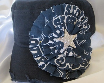 SALE...Navy Cadet Military Distressed Hat with a Dallas Cowboys Colored Fabric Flower and a Gorgeous Rhinestone Star Accent