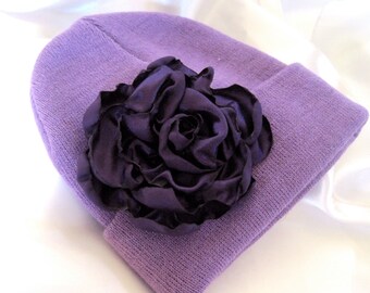 Lavender Purple YOUTH Beanie with a Beautiful Deep Purple Open Rose