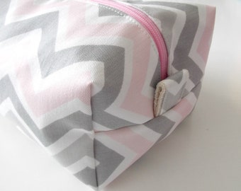Grey and Pink Chevron Make up Bag - Cosmetic Pouch - Lunch Bag - Wet Bag -Waterproof Bag