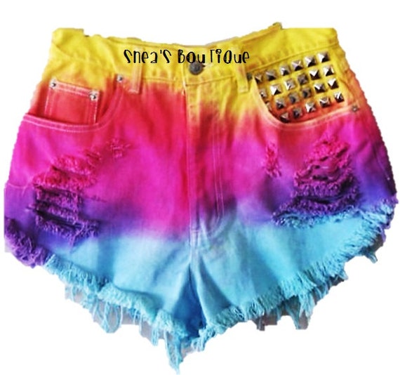 High Waisted Ombre Studded Shorts Yellow Pink by SheaBoutique