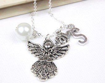 Personalized Angel Necklace with Your Initial and Birthstone