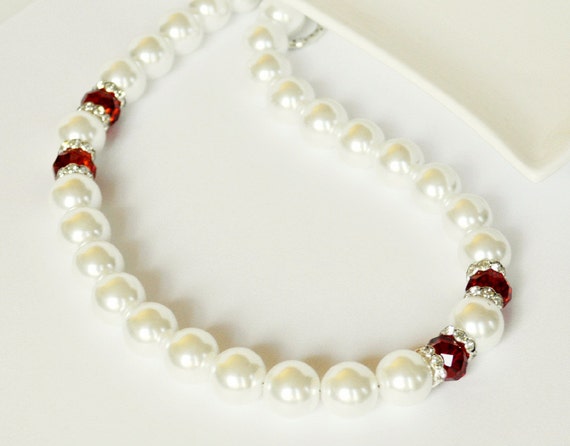 White Pearl Necklace and Red Handmade Beaded by beaddesignsbyk
