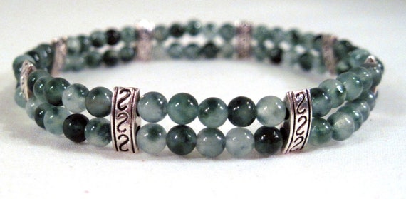 Items similar to Moss Agate Double Strand Stretch Cuff Bracelet with