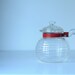 Vintage Tea Pot Ribbed Clear Glass Tea Pot With Glass Handle Red Metal Band
