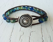 Blue and Green Leather Wrap Bracelet, Boho Bohemian Chic, Beaded Leather Bracelet, Rustic Jewelry
