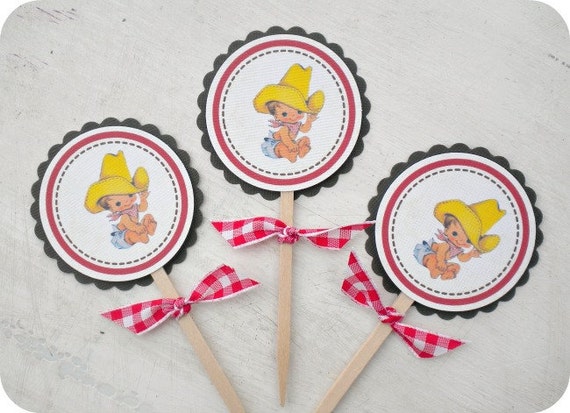 Cottage Chic  Vintage Cupcake   toppers Baby Set of  10 Cowboy Toppers do i cupcake vintage Shabby