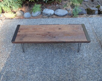 Outdoor Patio Bench from salvaged barnwood with hairpin legs