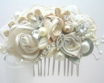 Vintage Inspired Ivory Bridal Hair Clip- Lace & Floral Wedding Hair Piece- Wedding Hair Accessories- Statement Hairclip- Brass Boheme