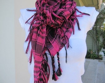 Unisex braided scarf-houndstooth check-Plaid-Black fuchsia pink-gauze linen-Man fashion-mad-men's-women's-Turkey 2013 trends FASHION scarves