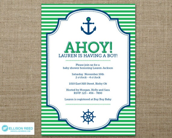 Nautical Invitation - Baby Shower Invitation - Anchor Invitation - Nautical Printable - Ahoy - Boy Baby Shower - Girl - Green - Blue Il_570xn