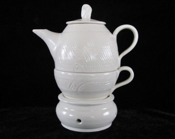 Hand Thrown Tea Set for One, White Stoneware Tea Pot, Tea Cup and Tea Pot Warmer, Made to Order