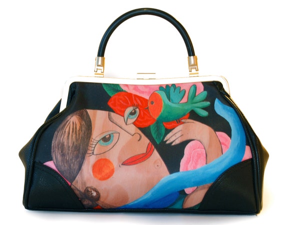 Retro handbag, vintage handbag, Fly, illustrated, butterfly, flower, vintage, rockabilly, retro, hollywood, glamour, 1950, xmas, gift, red