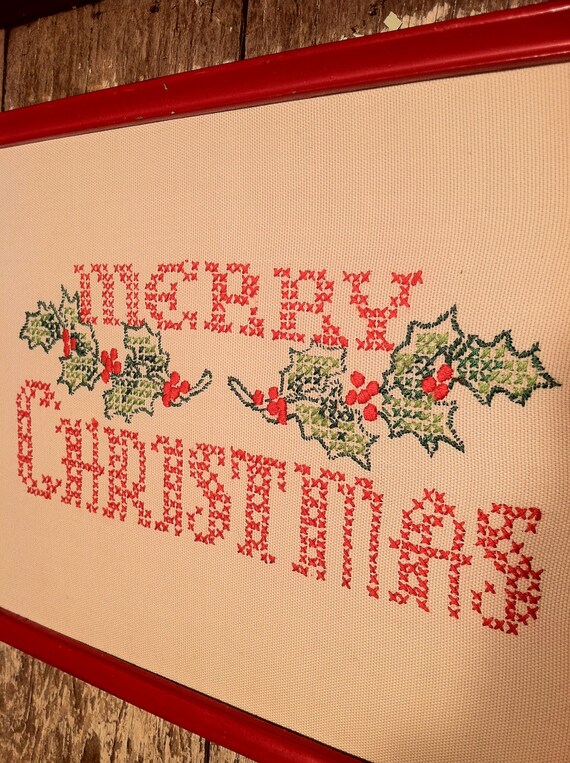 Vintage Merry Christmas Cross Stitch Framed Print