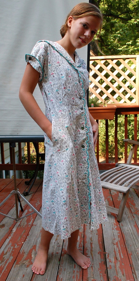 1940s Cotton Dress Depression Era House Dress Short Sleeves