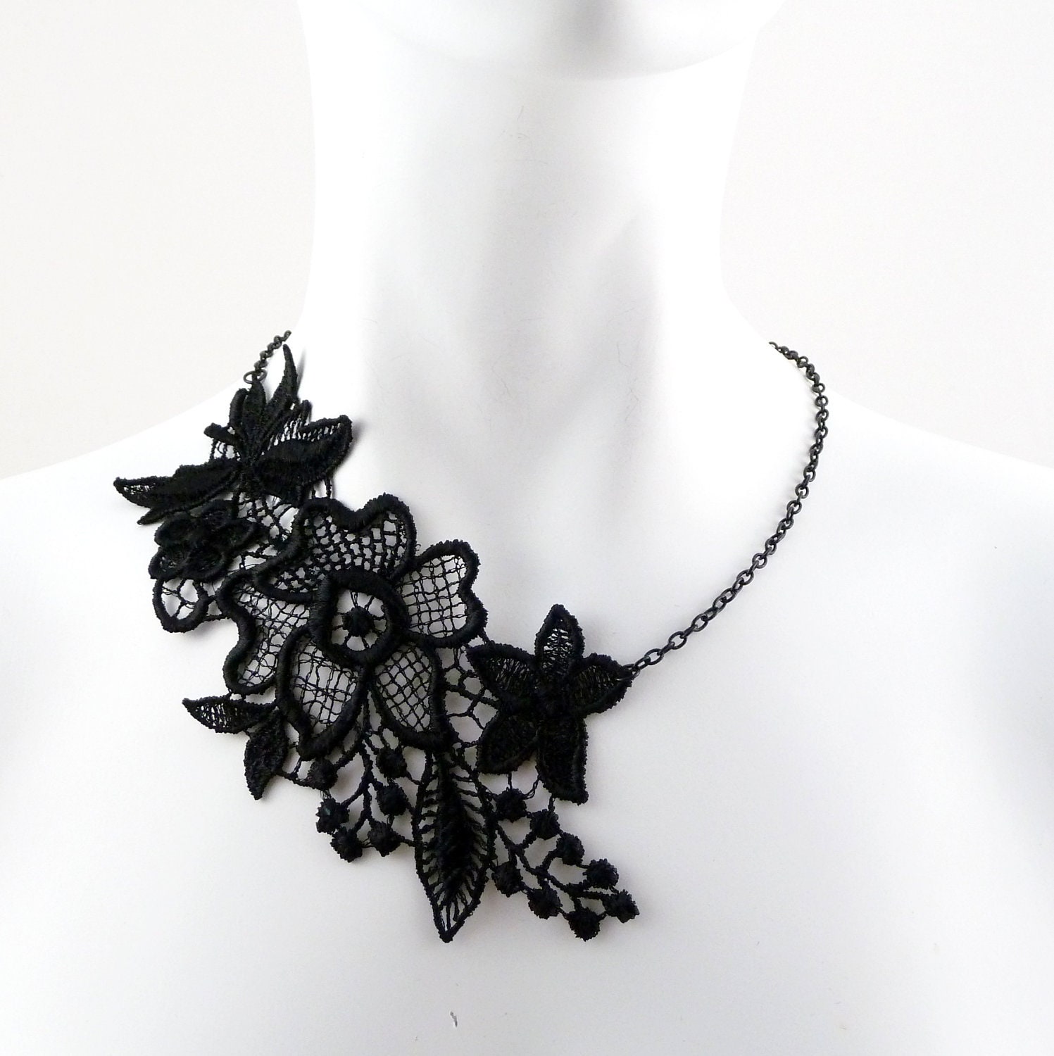 Black Flowers Lace Necklace One Sided Asymetrical for Women