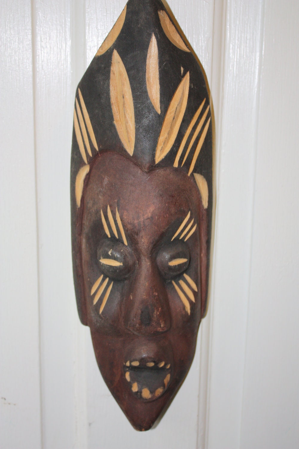 Vintage African Hand Carved Face Wood Wall Hanging Ready To