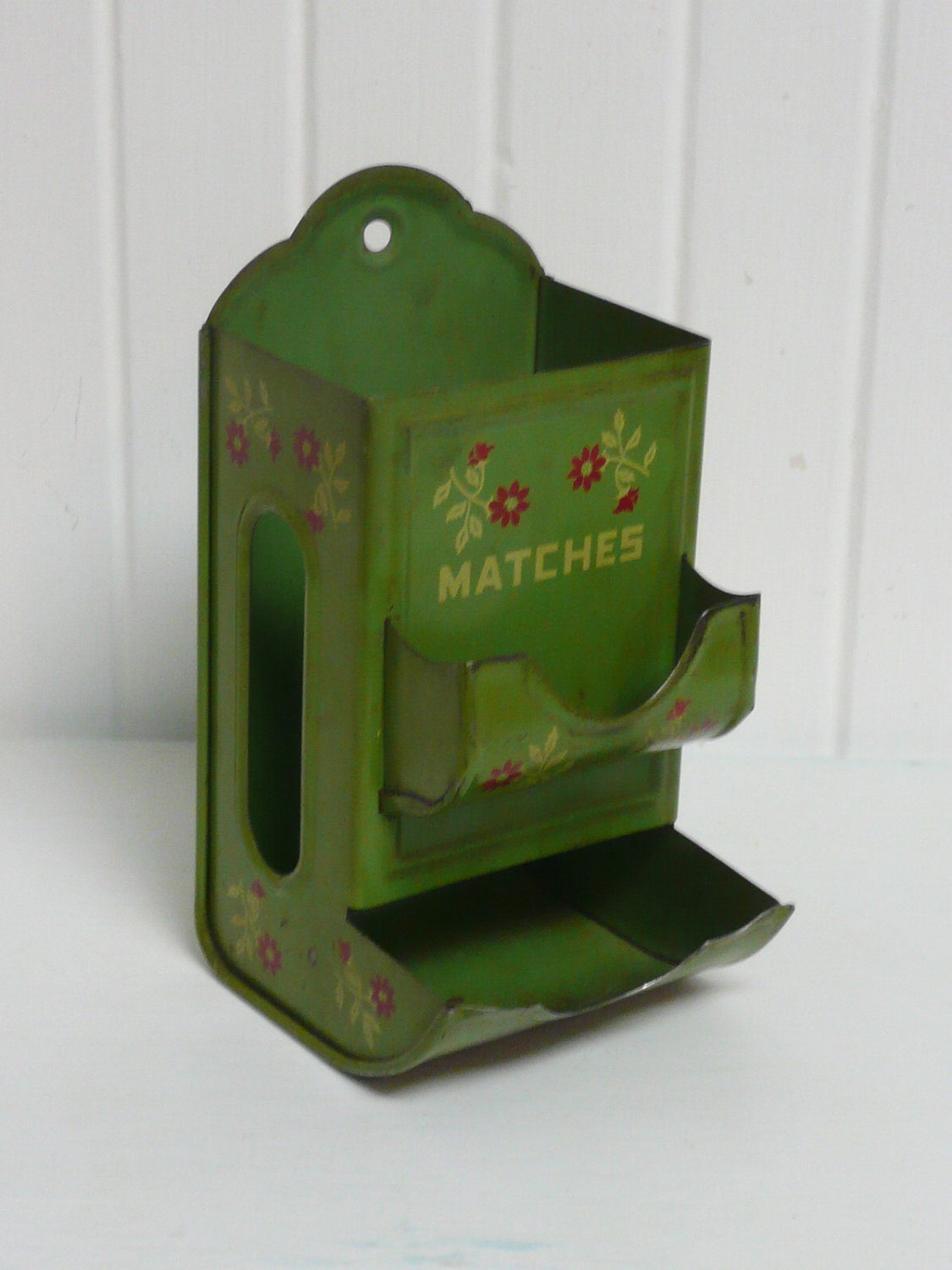 Vintage Tin Metal Match Box Holder Green with Holder for Used