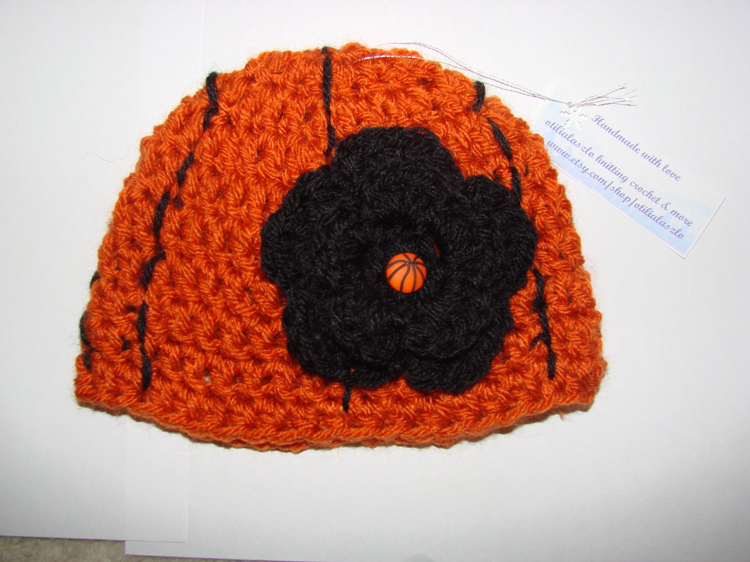 Crochet baby girl basketball beanie hat with flower orange