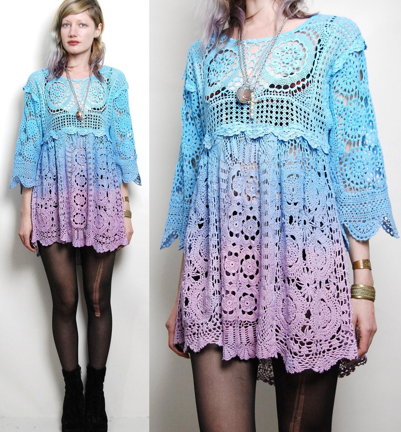 CROCHET Vintage Lace Dress OMBRE Dip-Dye Babydoll Tie-Dye Bell
