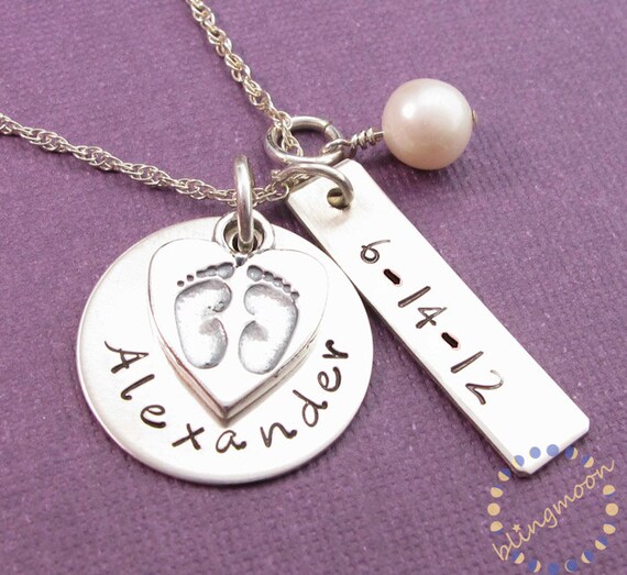 Items similar to Mother charm Necklace Handstamped mommy BABY FEET