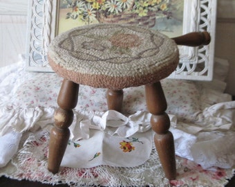 Darling Little Milking Stool. Decorative Rug Hooked Top