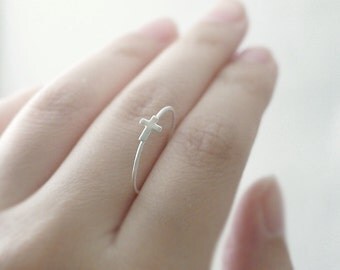Sideways cross ring - sterling silver cross - stack ring - minimal delicate illusy