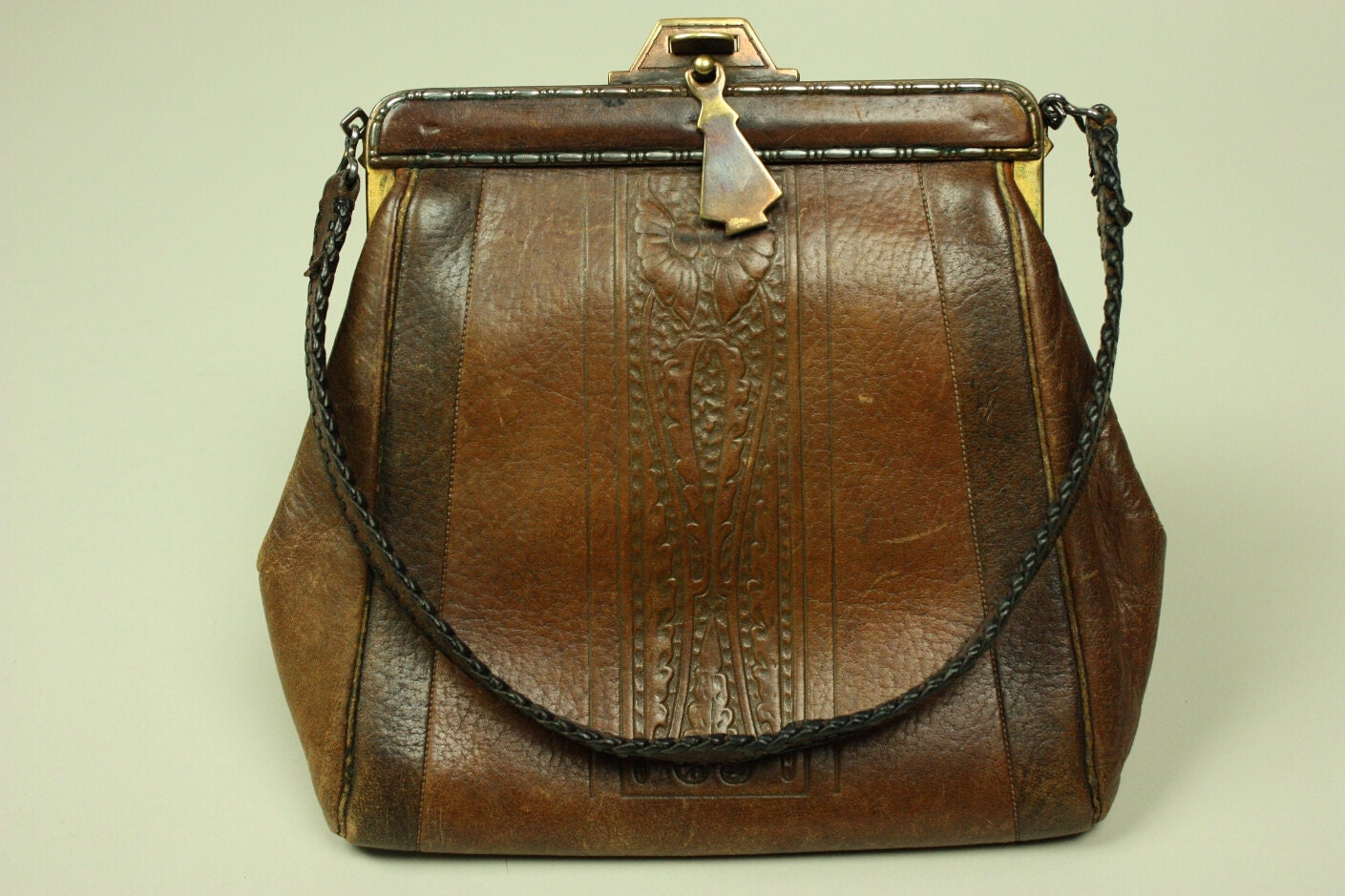 Vintage ARTS & CRAFTS HANDBAG 1920s/1930s Brown Tooled Leather