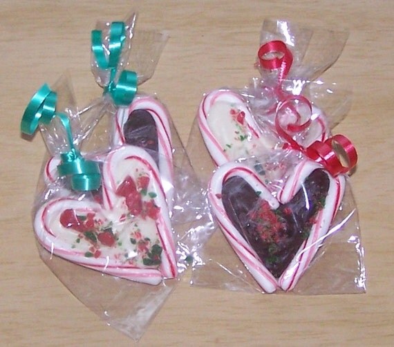 Peppermint chocolate filled candy cane hearts favors