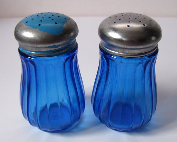 Vintage COBALT BLUE GLASS Salt and Pepper Shakers with