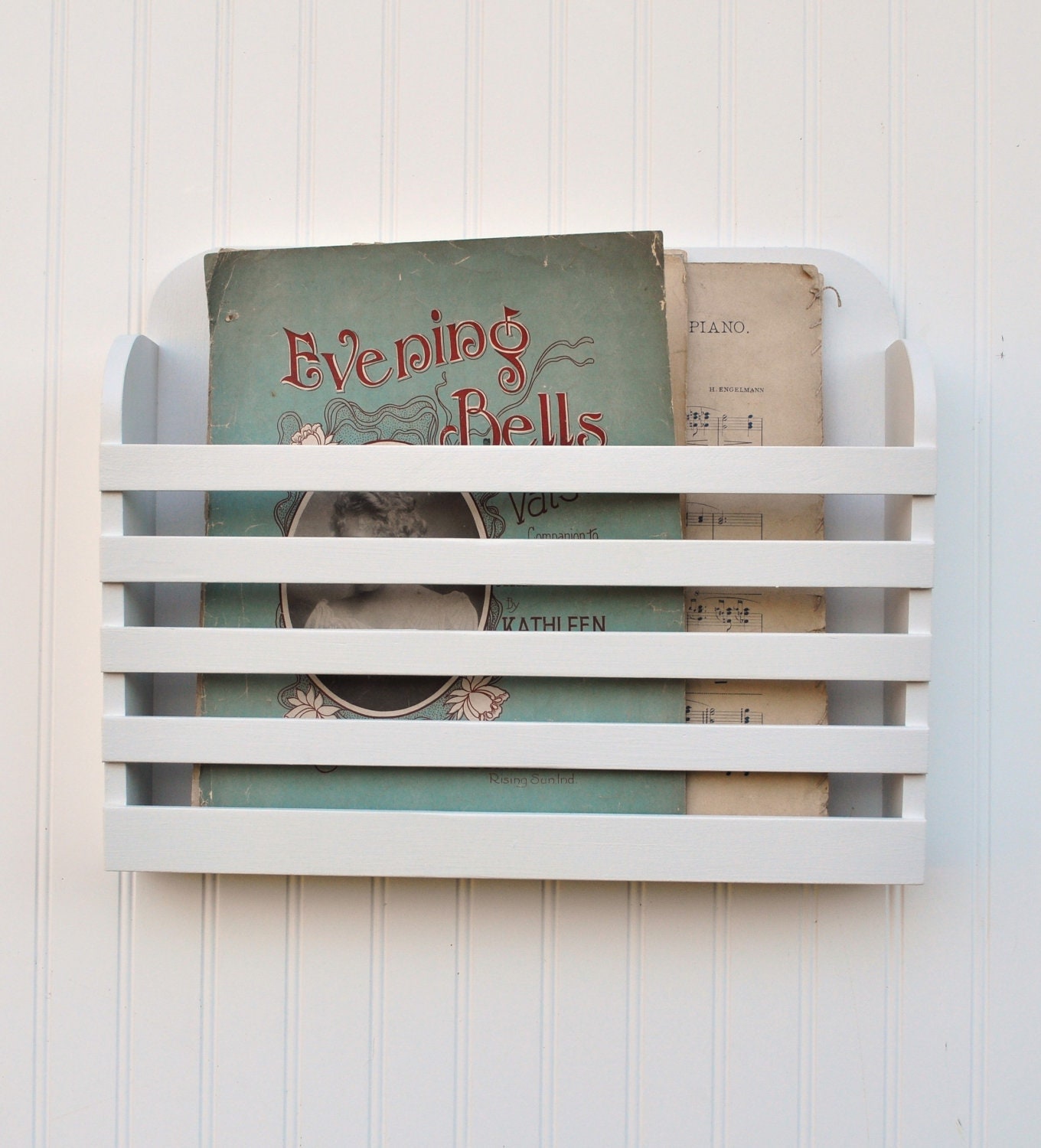 Rustic Hanging Magazine File Holder Solid White Vintage Design