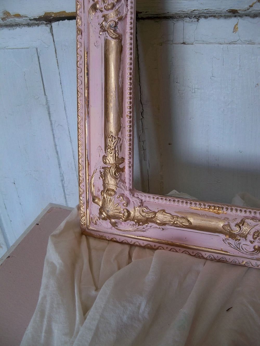 Large ornate gesso frame hand painted pink and gold distressed
