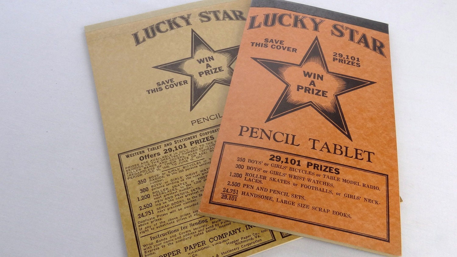 Pair of Vintage 1940s Lucky Star Writing Tablets; Hopper Paper Co
