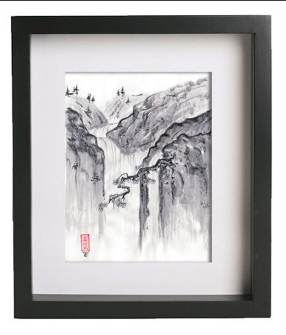 Original Sumie Painting Waterfall Japanese art
