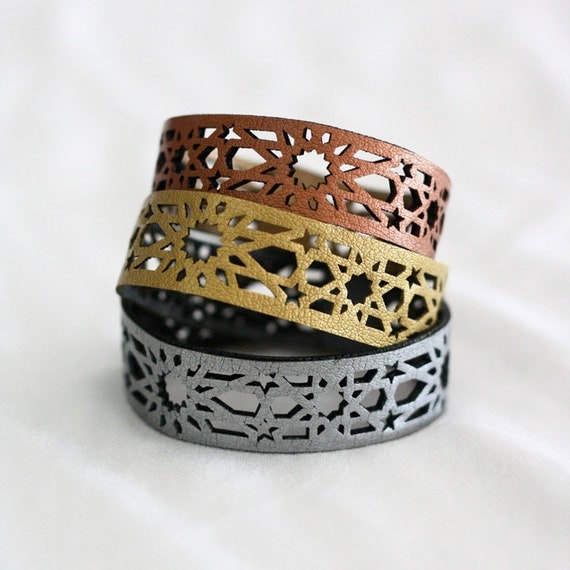 3 Geometric Laser cut Metallic Leather Bracelets by stylehybrid