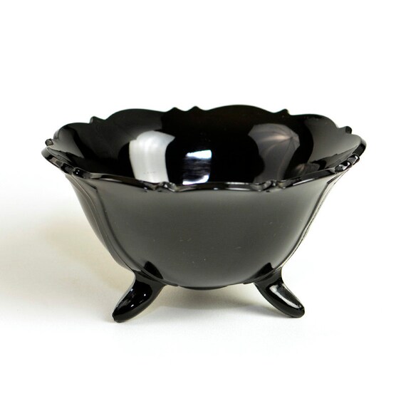 Black Amethyst Footed Glass Bowl with Scalloped Edge Heavy