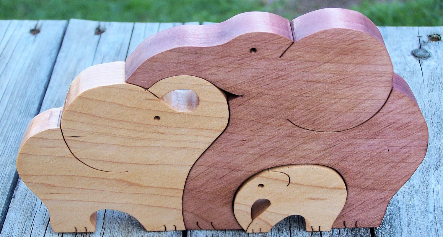 Animal puzzle Maple wood scroll saw cut 3 elephants