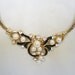 Vintage Faux Pearl Necklace - 1980s White Crystal Black Enamel Pendant Gold Tone