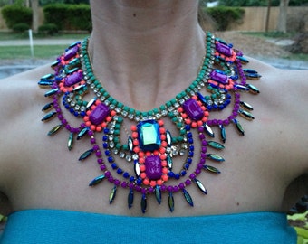 Custom Vintage Hand Painted Rhinestone Statement Necklace - Dannijo look