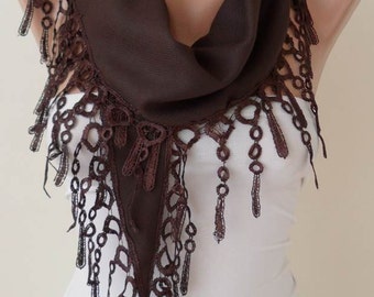 New - Valentine's Day Gift - Brown Pashmina Scarf with Brown Trim Edge