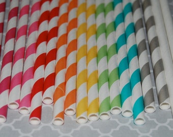 25 extra long soda bottle stripe paper straws - YOU PICK COLORS - with free blank Flags. See also - "Personalized" flags option.