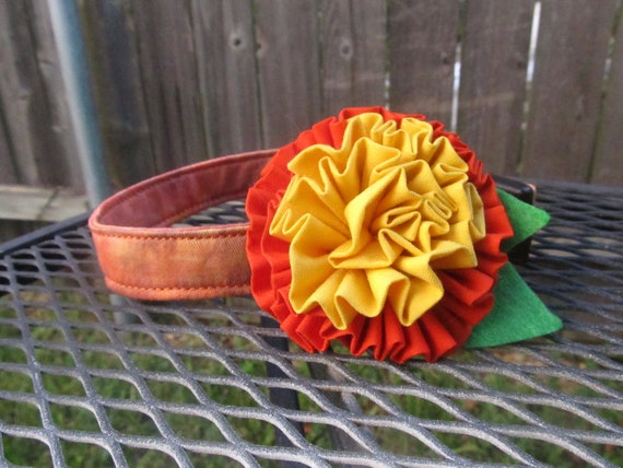 Hand dyed orange and yellow collar with cotton mum - from the Lazy Daisy collection