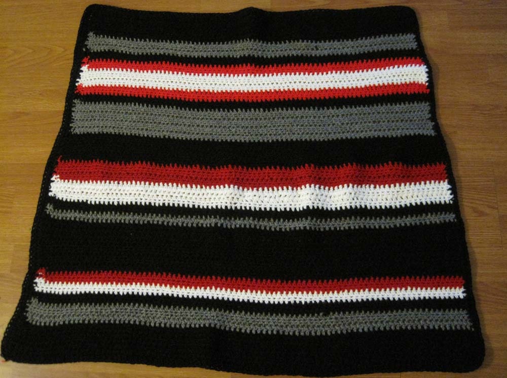 Black Red White Gray Striped Crochet Afghan Throw Blanket