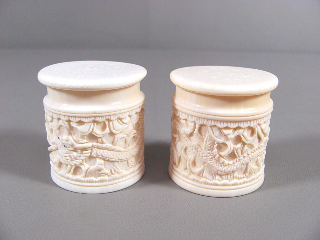 PreBan Ivory Salt and Pepper Shakers Intricately Carved