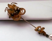 Vintage Miriam Haskell Lapel Stick Pin Brooch Baroque Pearl Gold Plate Signed