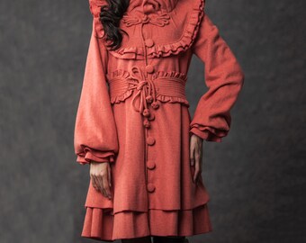 Marie antoinette coat, vintage style coat, victorian coat,ruffle coat, french vintage coat, winter wool coat, orange coat, belt coat C790