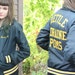 Go Team - vtg CLASSIC VARSITY JACKET Embroidered Navy Blue Gold Striped College Quilted Nylon Coat Poms Baseball 80s 90s Bomber Windbreaker