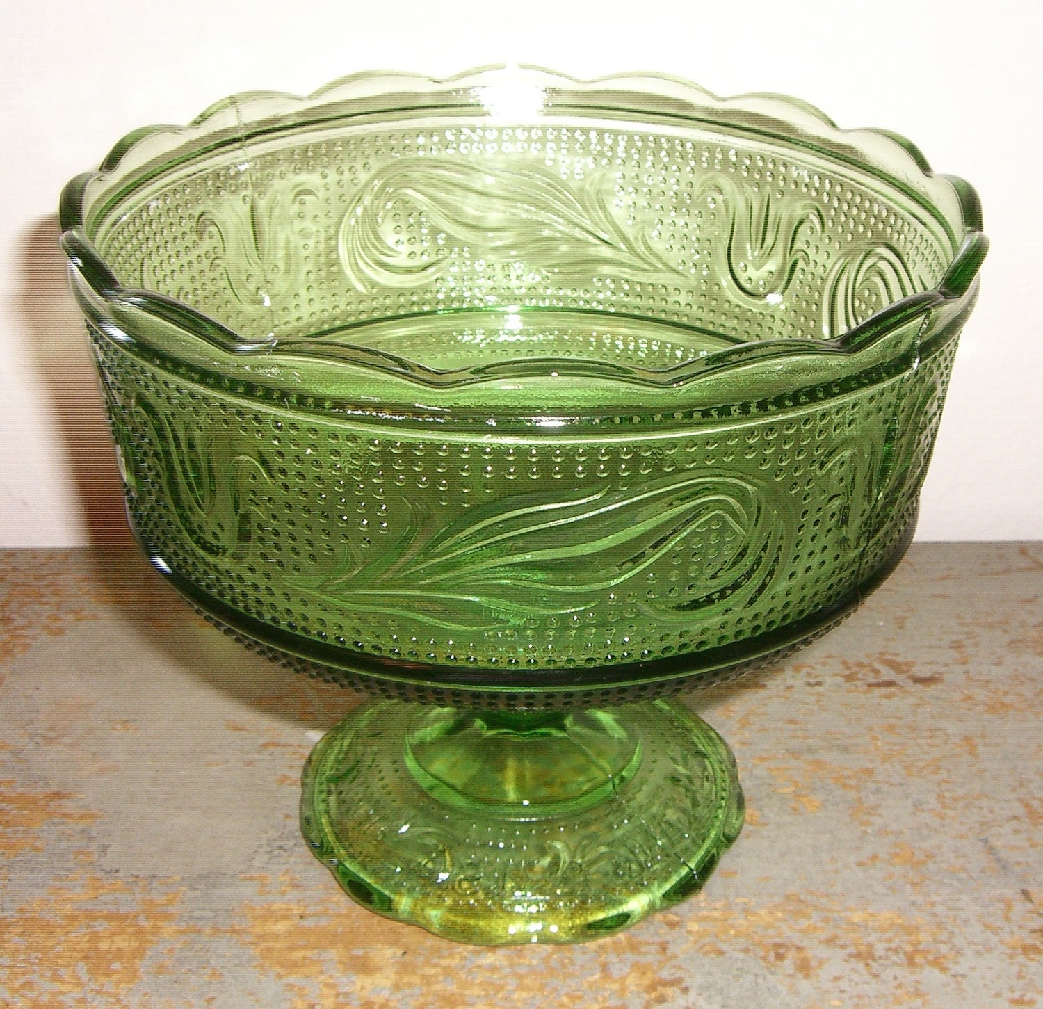 Vintage Compote Bowl Dish Green Glass Fruit Bowl Tulips