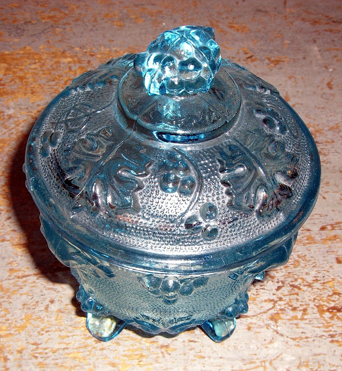 Vintage Candy Dish Blue Glass Depression Glass Bowl & Lid