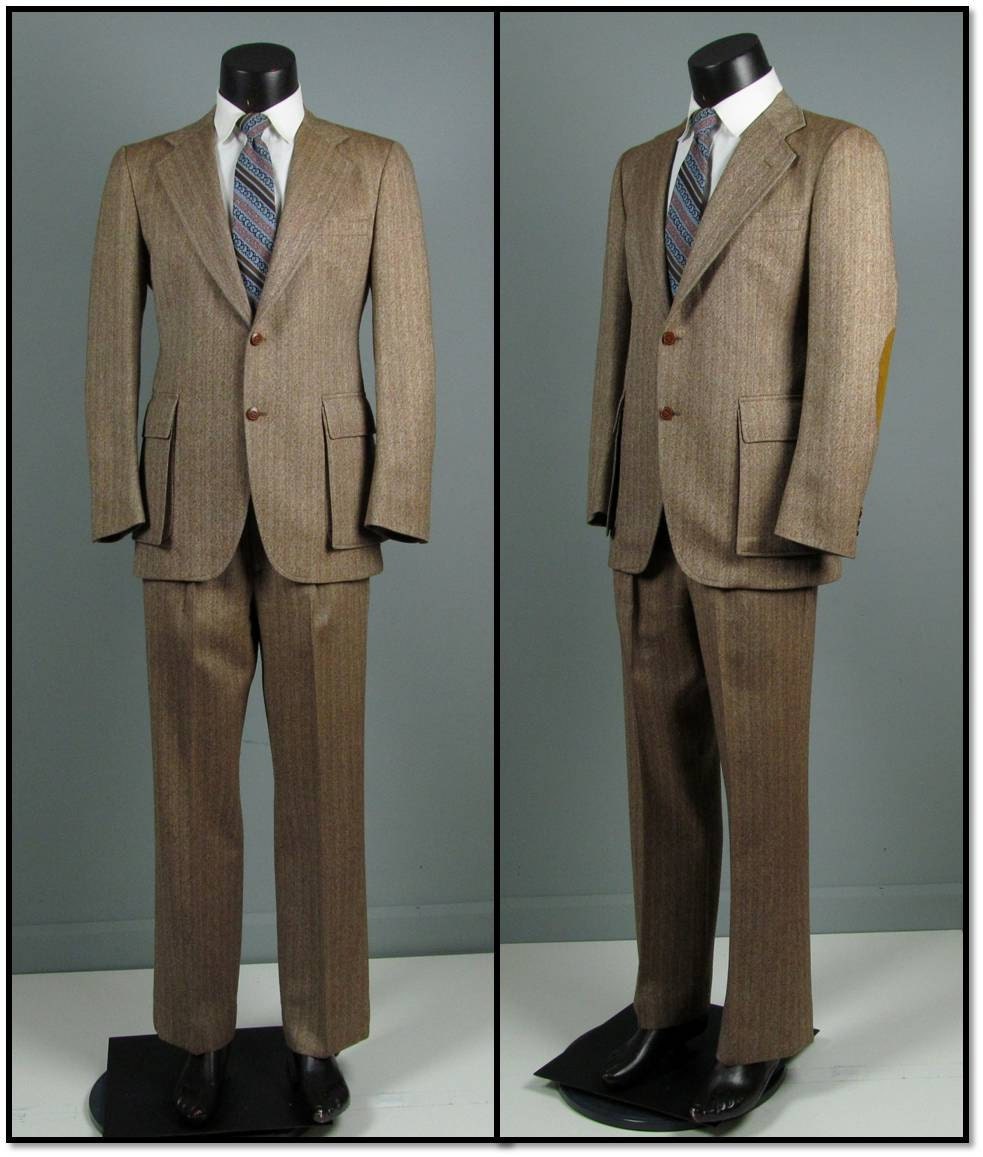 Vintage Mens Suit 1970s DON ROBBIE Brown Herringbone Tweed