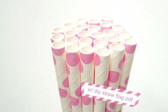 Dots Princess PINK Paper Straws Pink and White Polka Dots - set of 25 Pink Straws w/ DIY Straw Flags PDF Il_570xn